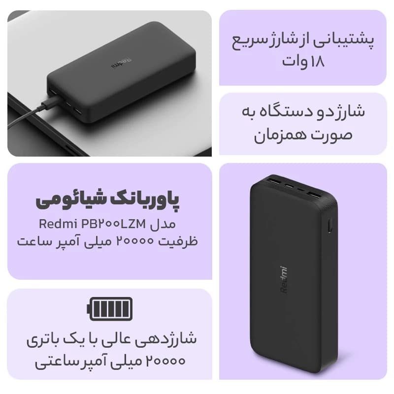 پاوربانک شیائومی مدل PB200LZM ظرفیت 20 هزار میلی آمپر به همراه کابل تبدیل Type C — تصویر ۴