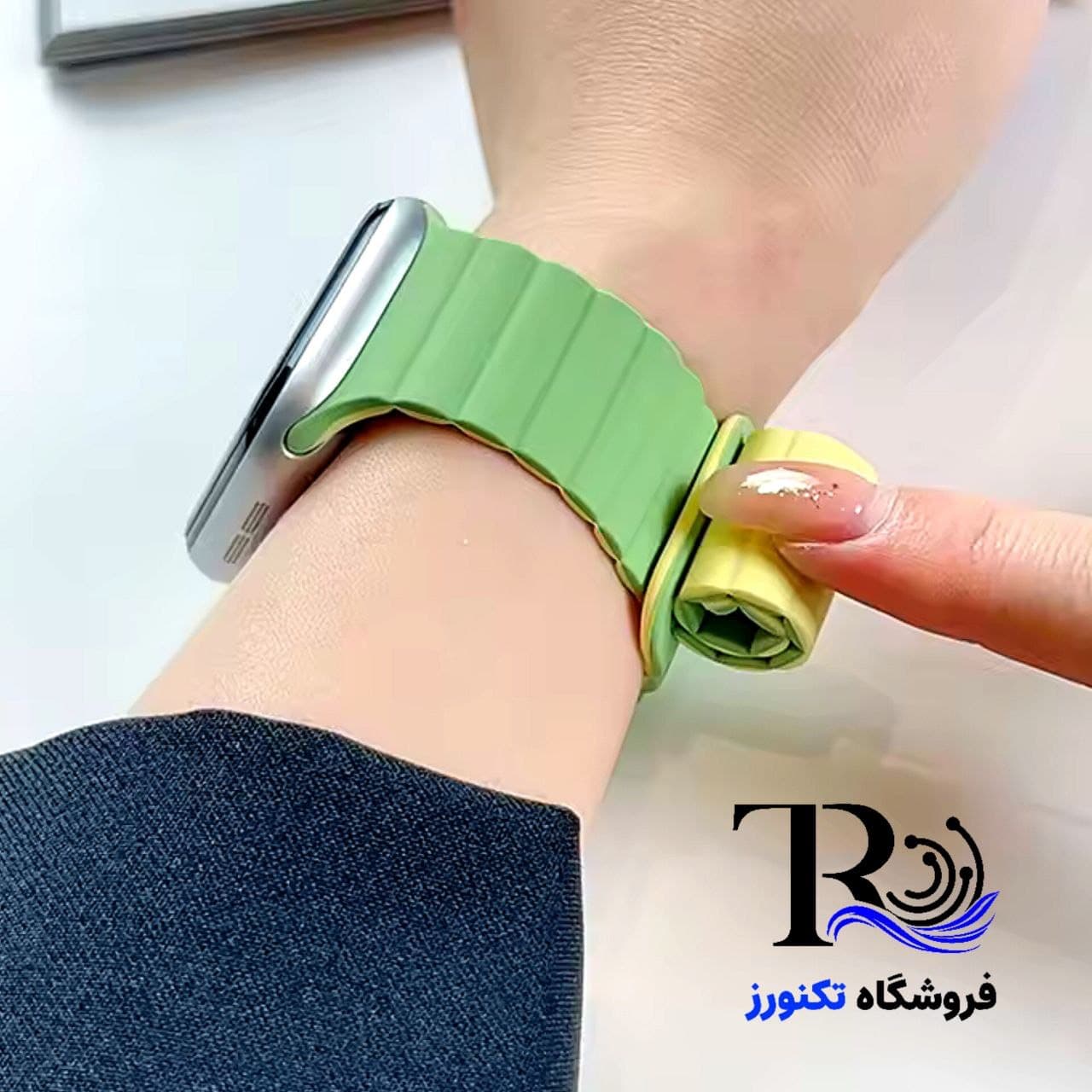 بند ساعت هوشمند سیلیکونی مگنتی دو رنگ سبزلیمویی44-45-46-49میلی متر — تصویر ۲