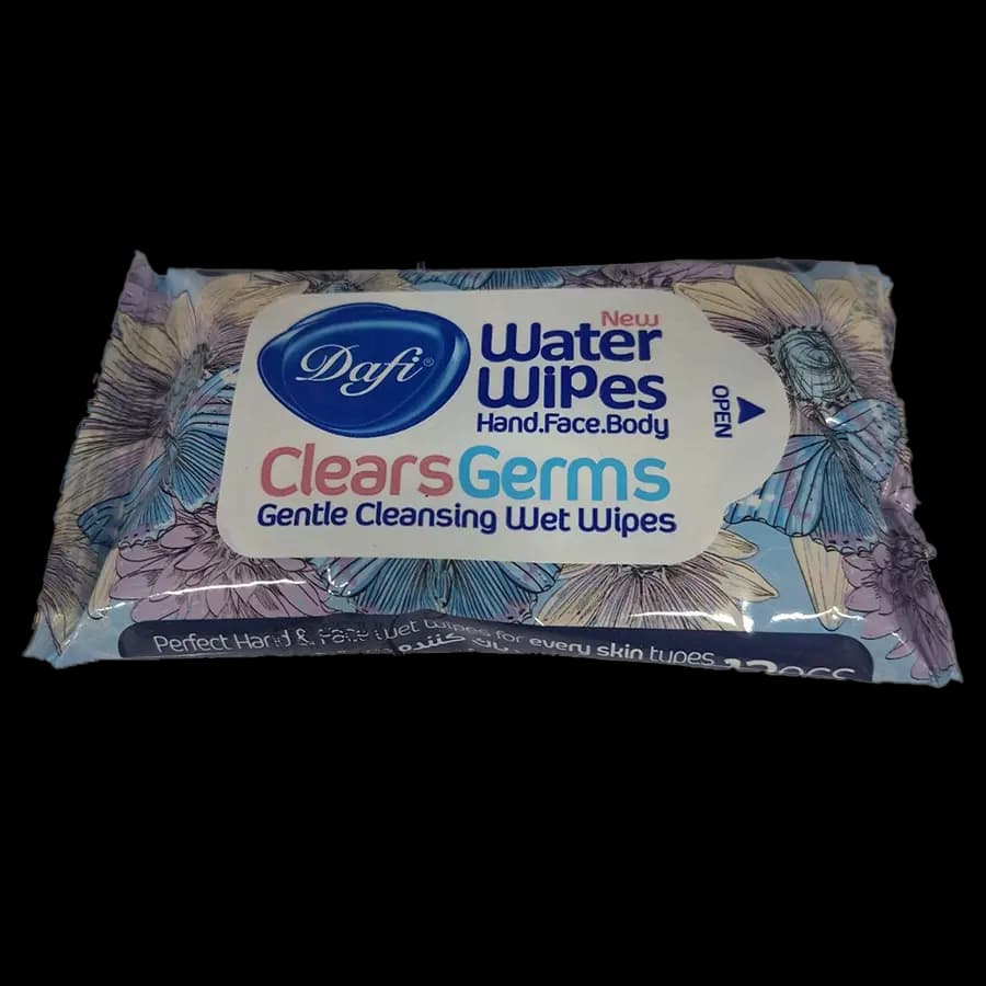 دستمال مرطوب آنتی‌باکتریال دافی مدل Water Wipes طرح گل و پروانه بسته 12 عددی