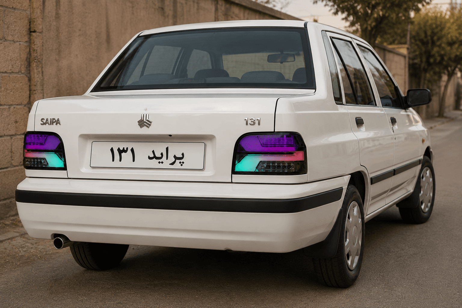 چراغ عقب اسپرت پراید صبا قدیم و جدید طرح سه بعدی تمام دودی مولتی کالر برند نور گستر بسحق جفتی — تصویر ۴