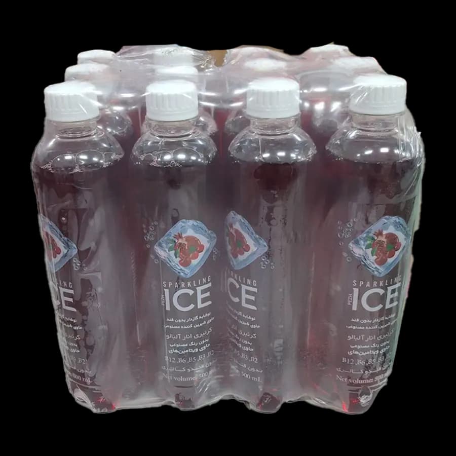 نوشابه گازدار بدون قند پژ آیس (Pezh Ice) طعم کرنبری، انار، آلبالو حجم 500 میل باکس 12 عددی
