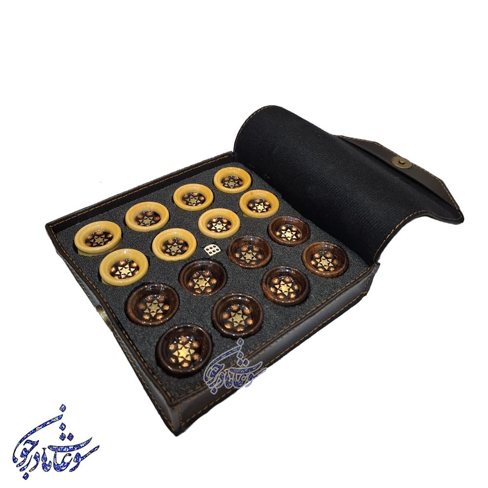 مهره تخته نرد چوب و خاتم با جعبه چرمی — تصویر ۹