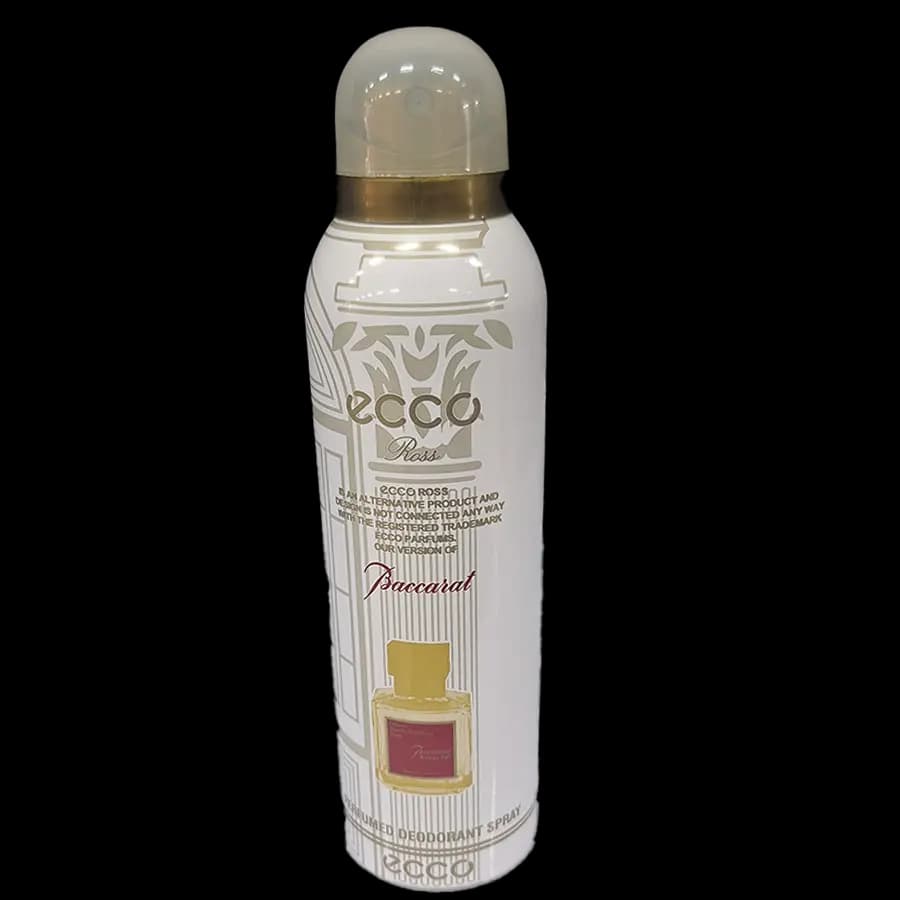 اسپری خوشبوکننده بدن مردانه و زنانه اکو (Ecco) رایحه بر اساس عطر فوقالعاده مشهور و سلطنتی Baccarat Rouge 540 از برند فرانسوی (Maison Francis Kurkdjian) 200 میل (نسخه سفید طلایی)