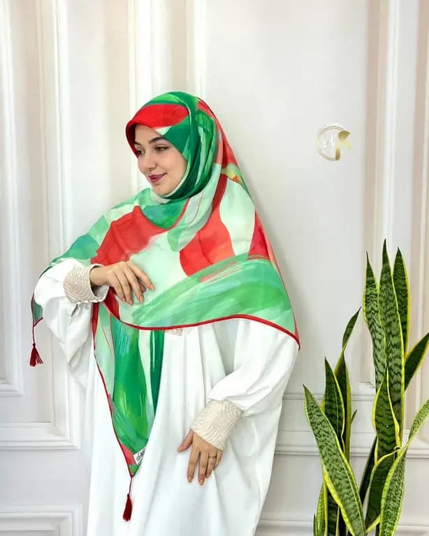 روسری نخ ابریشم قواره بزرگ سبز و قرمز