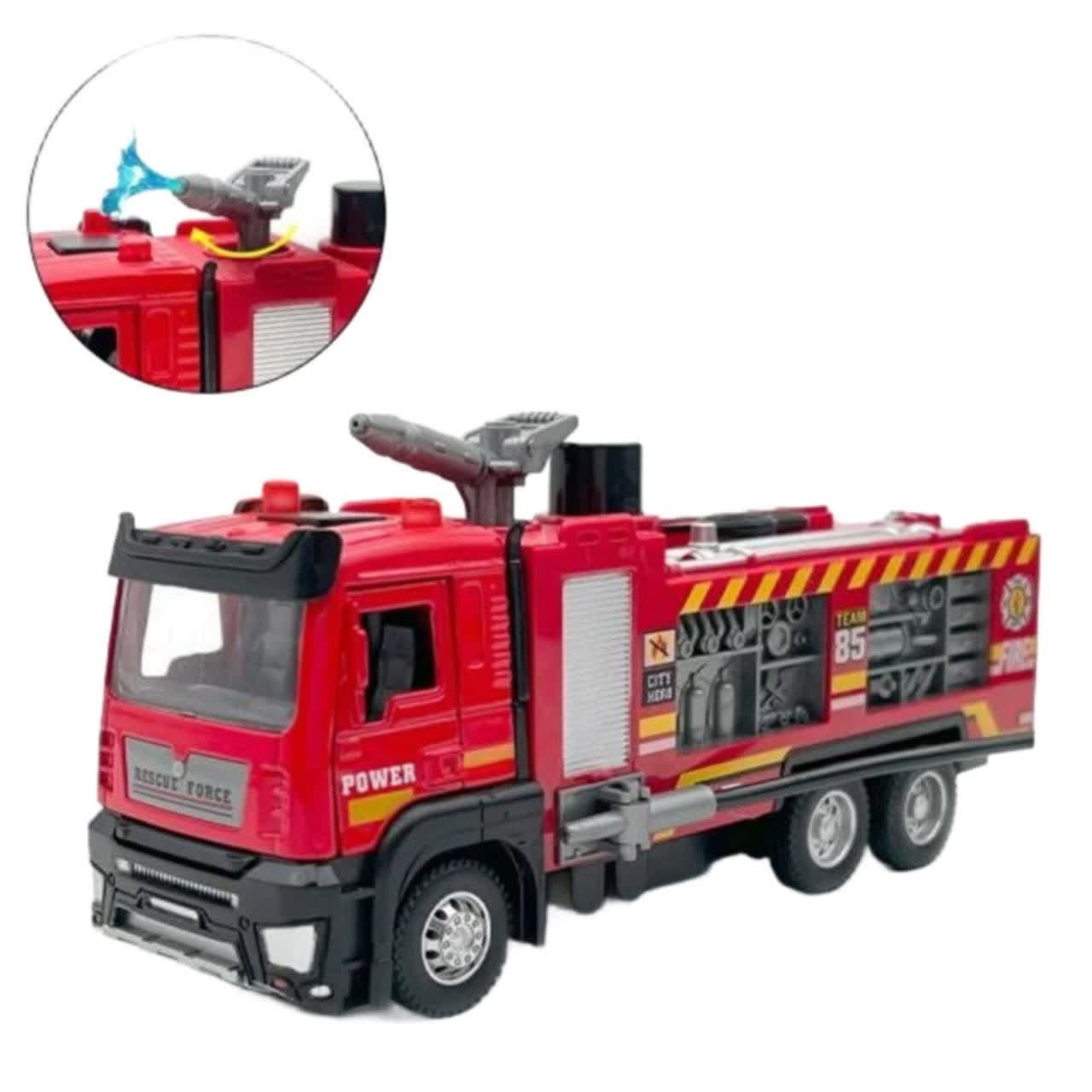ماکت ماشین بازی ناب سل مدل آتش نشانی آب پاش فلزی چراغدار آژیردار کد RESCUE FIRE FIGHT ODEL ALLOY VEHICLES به همراه ظرف آب و قیف — تصویر ۱۰