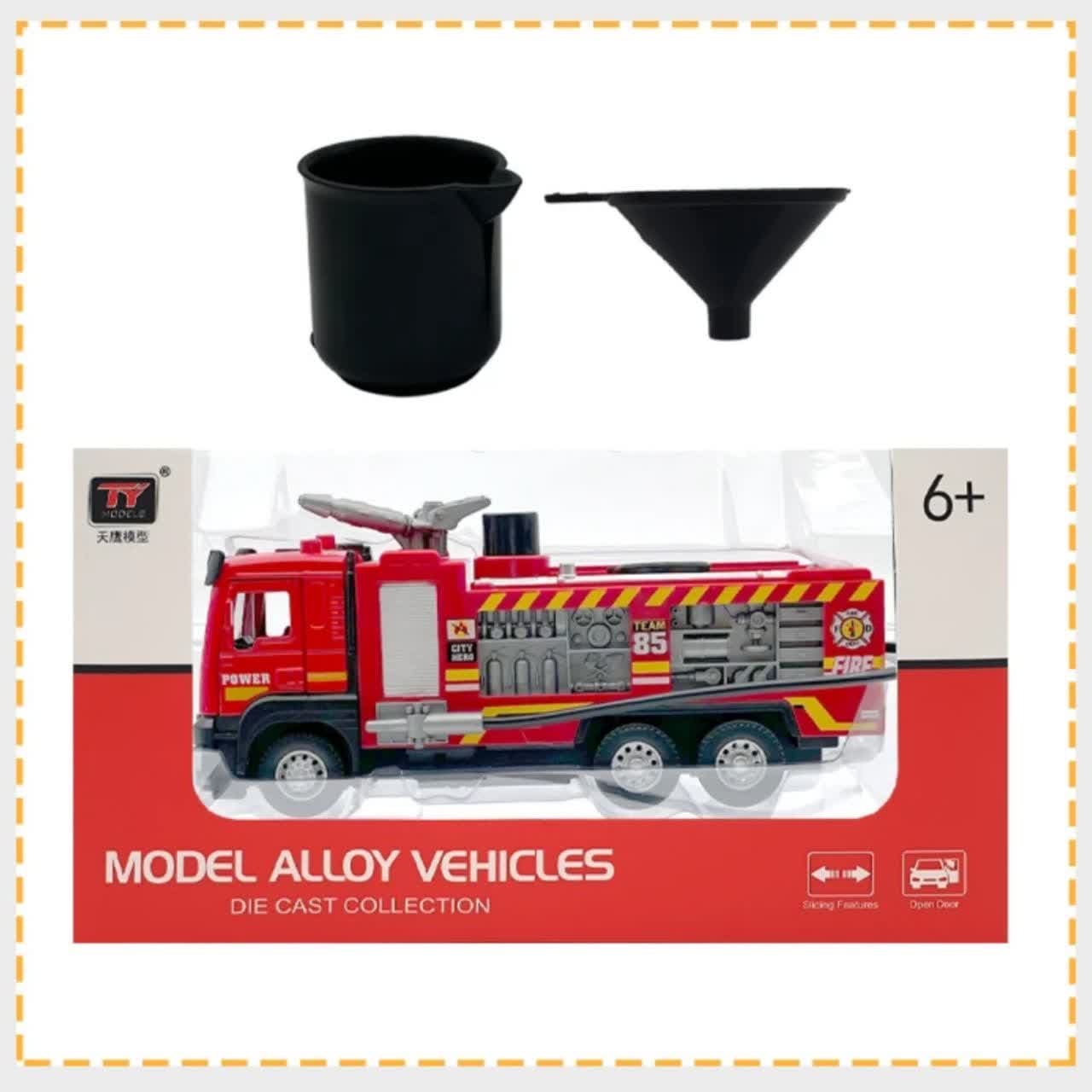 ماکت ماشین بازی ناب سل مدل آتش نشانی آب پاش فلزی چراغدار آژیردار کد RESCUE FIRE FIGHT ODEL ALLOY VEHICLES به همراه ظرف آب و قیف — تصویر ۵