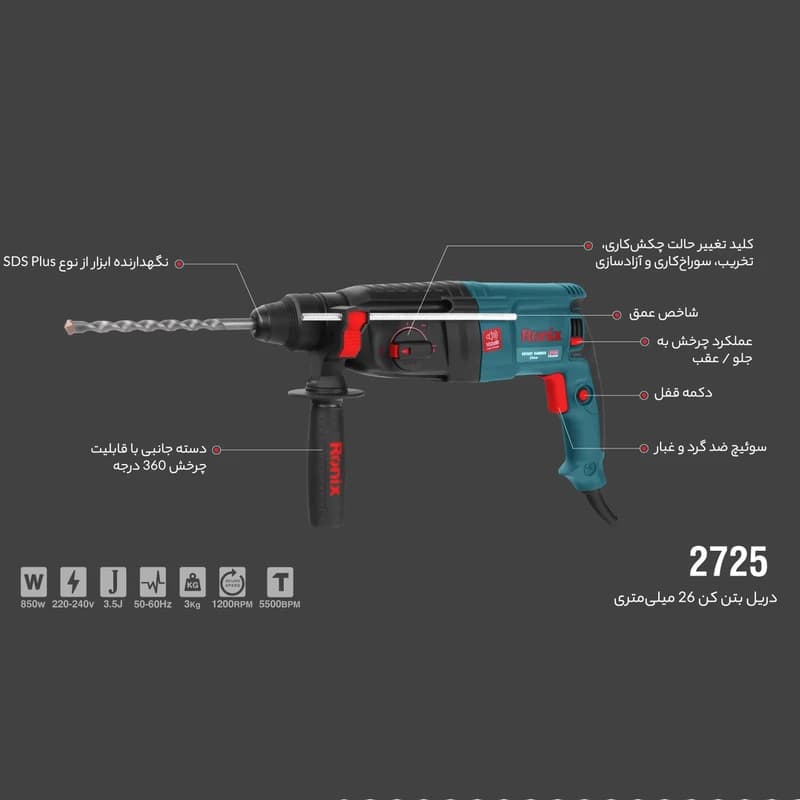 دریل بتن کن 26 میلی متری 3 کیلو‌گرمی رونیکس مدل 2725 — تصویر ۵