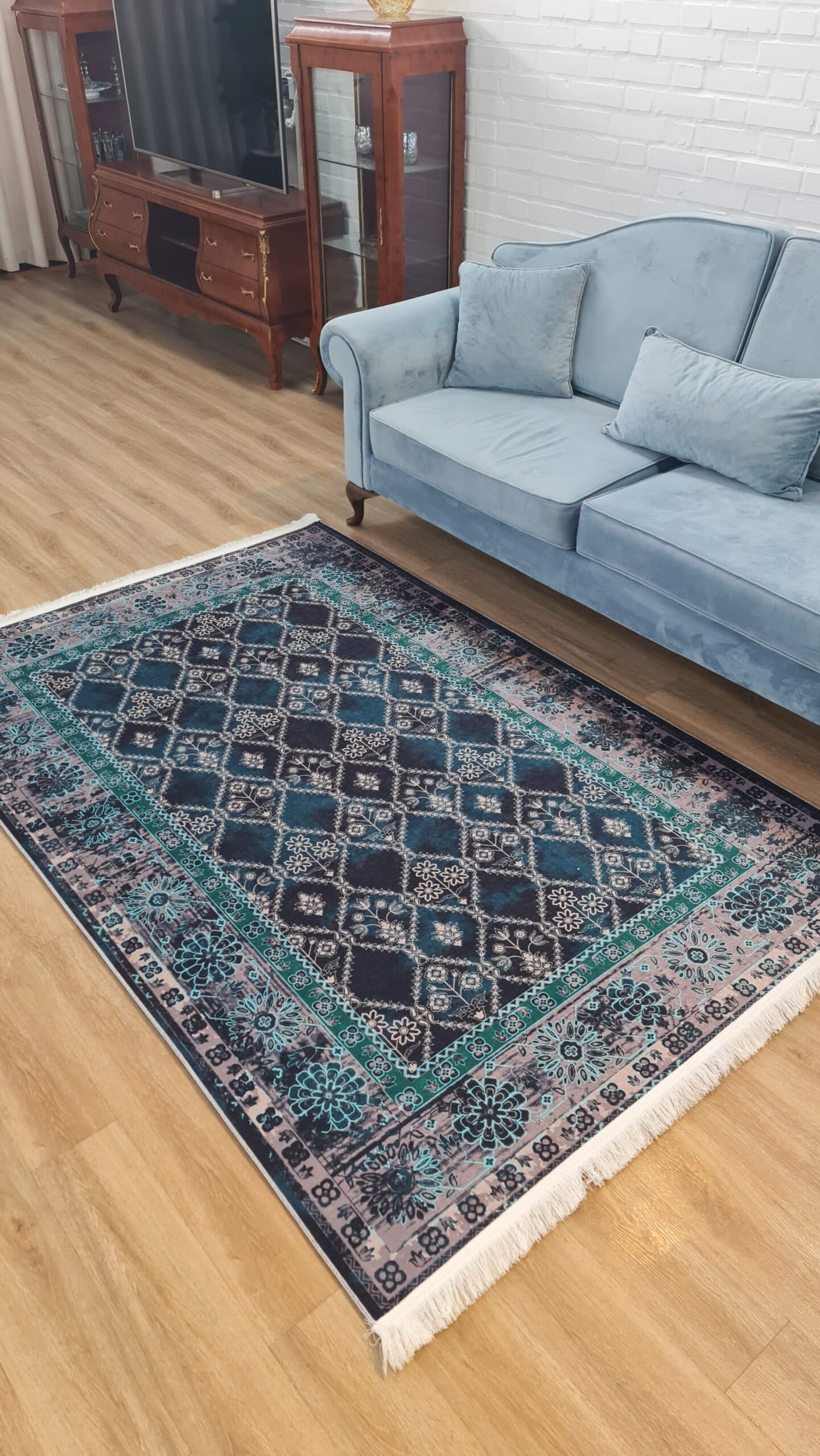 فرش ماشینی چاپی | فرشینه مخمل هازان ترک استپ دار (ضد سر) طرح سنتی کد L338 — تصویر ۶