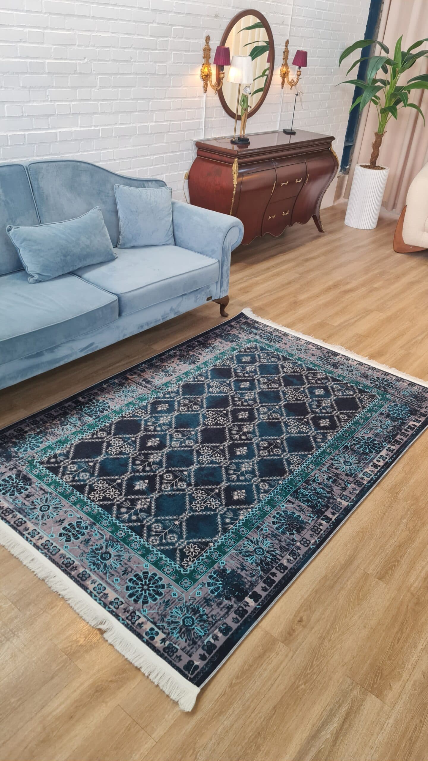 فرش ماشینی چاپی | فرشینه مخمل هازان ترک استپ دار (ضد سر) طرح سنتی کد L338 — تصویر ۵