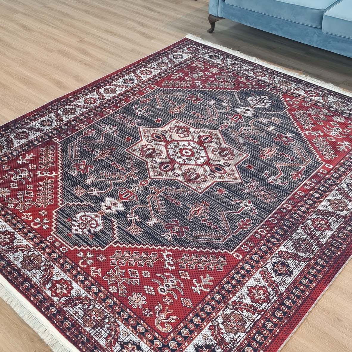 فرش ماشینی چاپی | فرشینه مخمل هازان ترک استپ دار (ضد سر) طرح سنتی کد h162 — تصویر ۸