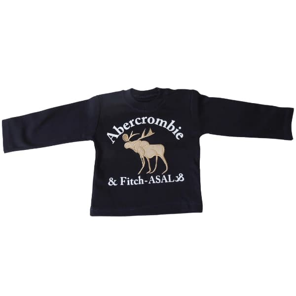 ست پیراهن و شلوار شیک پسرانه بچگانه سورمه ای طرح abercrombie سایز 35و40 — تصویر ۲