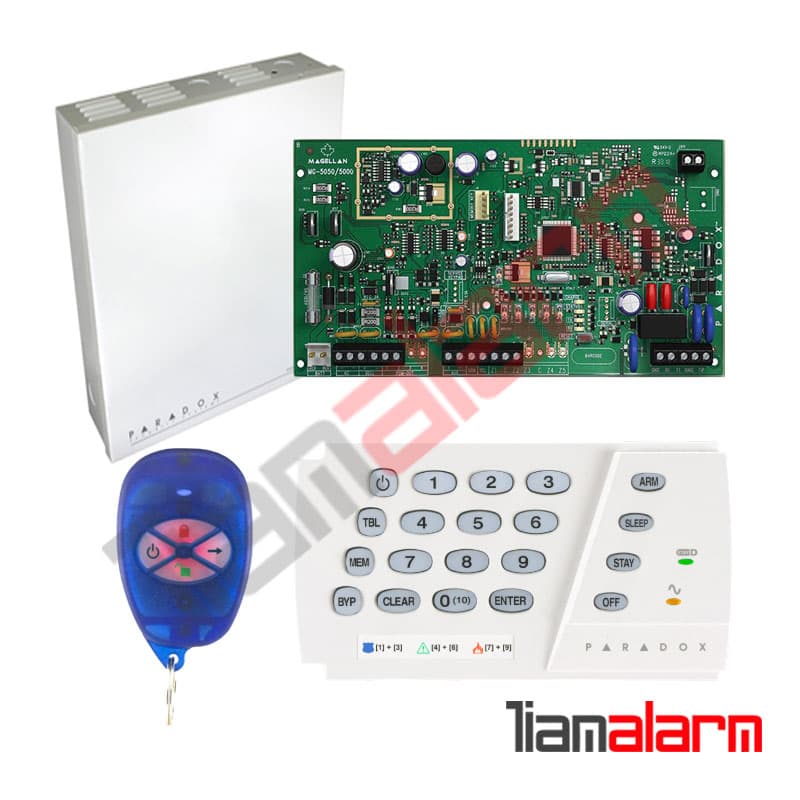 کنترل پنل دزدگیر 32 زون بی سیم پارادوکس مدل MG5050 + کیپد LED K636 + ریموت REM1 + جعبه فلزی