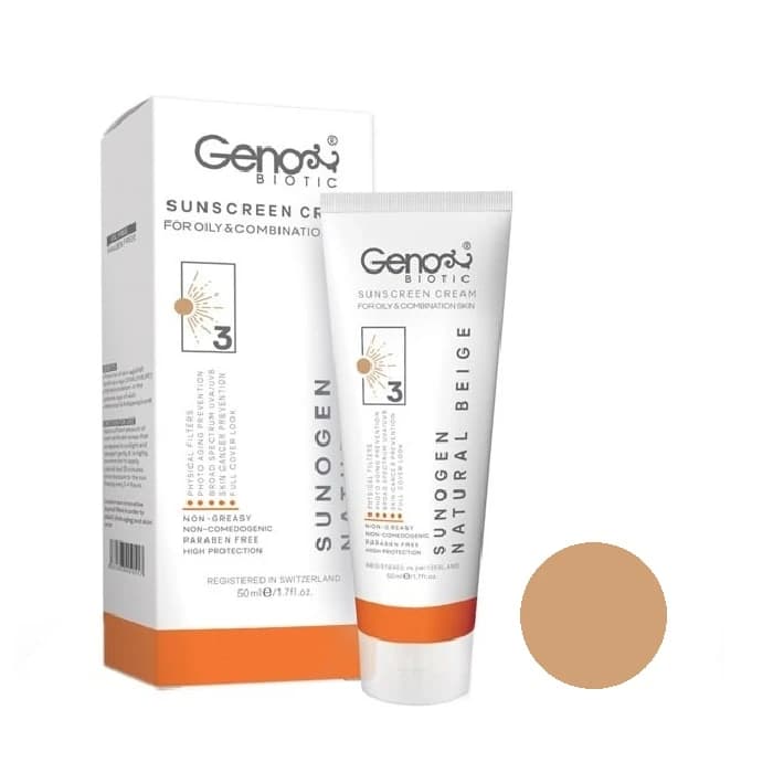 کرم ضدآفتاب ژنوبایوتیک مدل بژ طبیعی مناسب پوست های چرب و مختلط SPF50 حجم 50میل — تصویر ۲