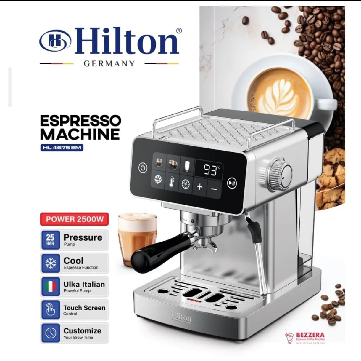 اسپرسو ساز Hilton Germany مدل HL-4675 EM | قدرت 2500 وات و فشار 25 بار — تصویر ۴