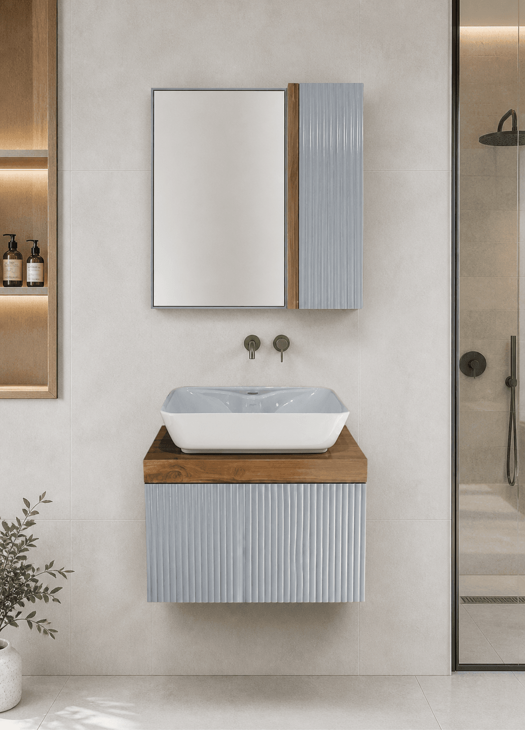 کابینت روشویی طوسی طرح چوب آینه باکس ۶۰ کد 0075