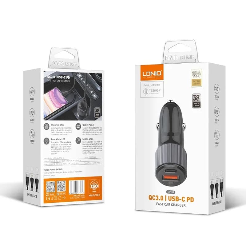 کابل و شارژر فندکی 38 وات الدینیو مدل Ldnio C510Q — تصویر ۶