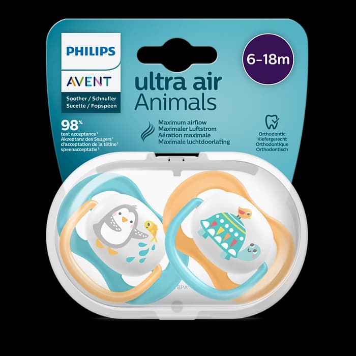 پستانک ارتودنسی ۶ تا ۱۸ ماه دوتایی فیلیپس اونت PHILIPS AVENT سری UltraAir مدل SCF080/07 — تصویر ۹
