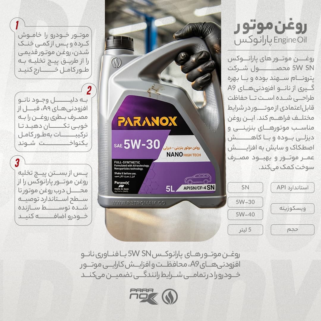 روغن موتور خودرو پارانوکس مدل 5W-40 SN حجم 5 لیتر — تصویر ۲