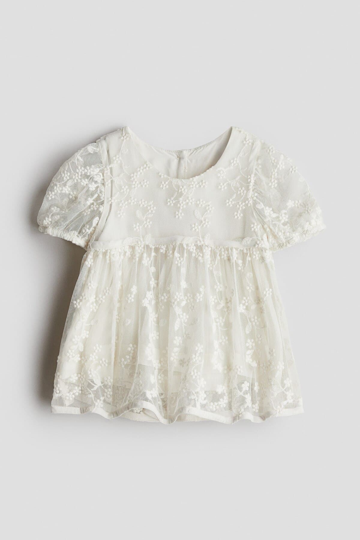 بلوز اچ اند ام دخترانه کرم رنگ گلدوزی شده / گلدوزی شده Regular/رگولار Smock | H&M 1276776 CN