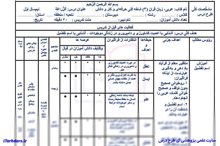 طرح درس روزانه عربی پایه دوازدهم فنی حرفه ای و کار و دانش اَلزِّراعَةُ — تصویر ۴