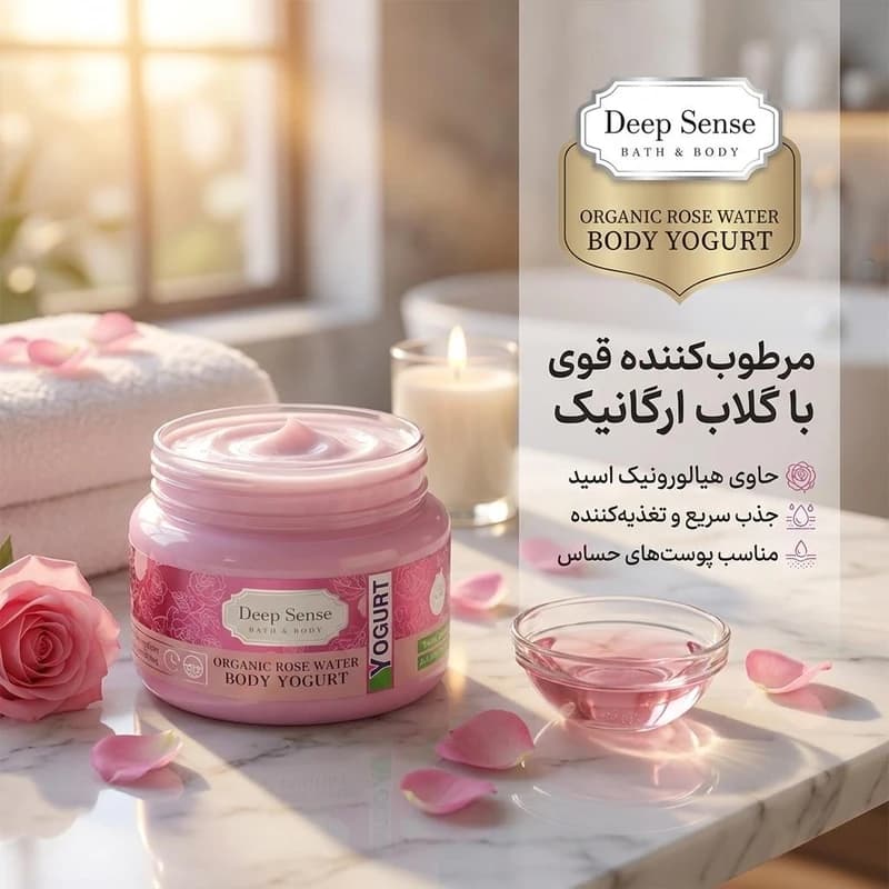 کرم ژل(ماست) بدن دیپ سنس مدل گلاب حجم 250 میلی‌ با هیالورونیک اسید و گلاب ارگانیک مناسب انواع پوست — تصویر ۵