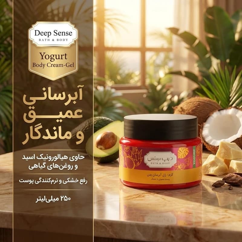 کرم ژل (ماست) آبرسان بدن دیپ سنس مدل تروپیکال حجم 250 میلی‌، مناسب پوست معمولی تا خشک با هیالورونیک اسید — تصویر ۷