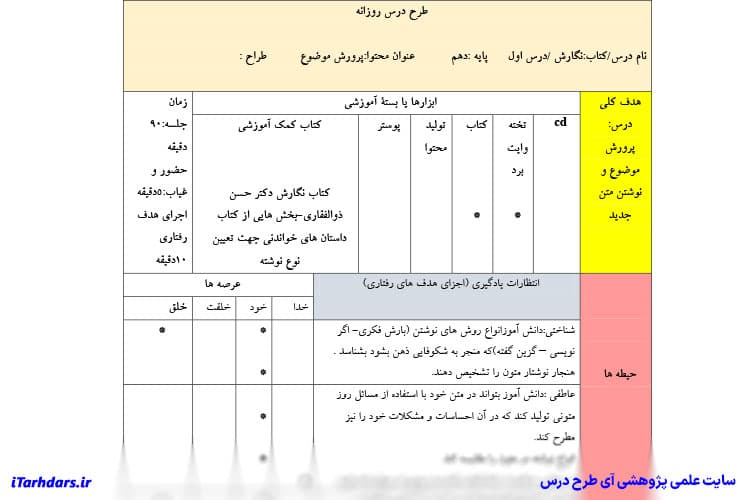 طرح درس روزانه نگارش پایه دهم پرورش موضوع — تصویر ۴