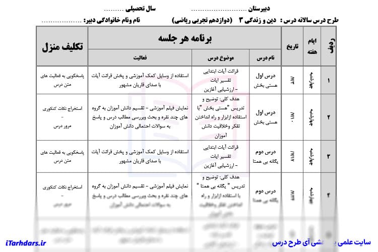 طرح درس سالانه دین و زندگی پایه دوازدهم ریاضی تجربی — تصویر ۴