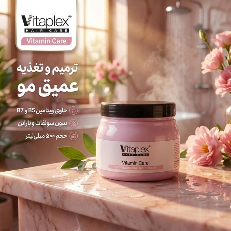 ماسک موی تقویت‌کننده و ترمیم‌کننده ویتاپلکس مدل Vitamin Care حجم 500 میلی‌ بدون سولفات مناسب موهای خشک و معمولی — تصویر ۲