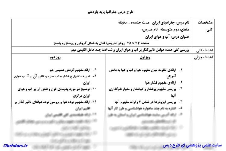 طرح درس روزانه جغرافیا پایه یازدهم انسانی آب و هوای ایران — تصویر ۲