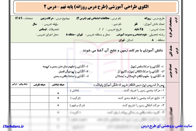 طرح درس روزانه مطالعات اجتماعی پایه نهم حرکات زمین — تصویر ۴