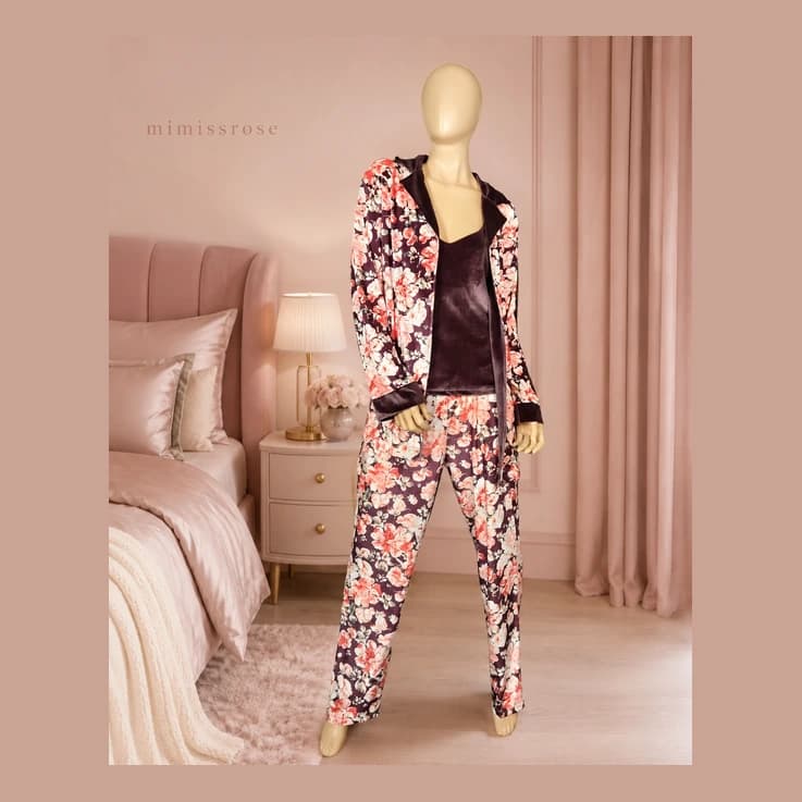 ست لباس خواب مخمل گلدار ۳ تکه Romantic Velvet Mood