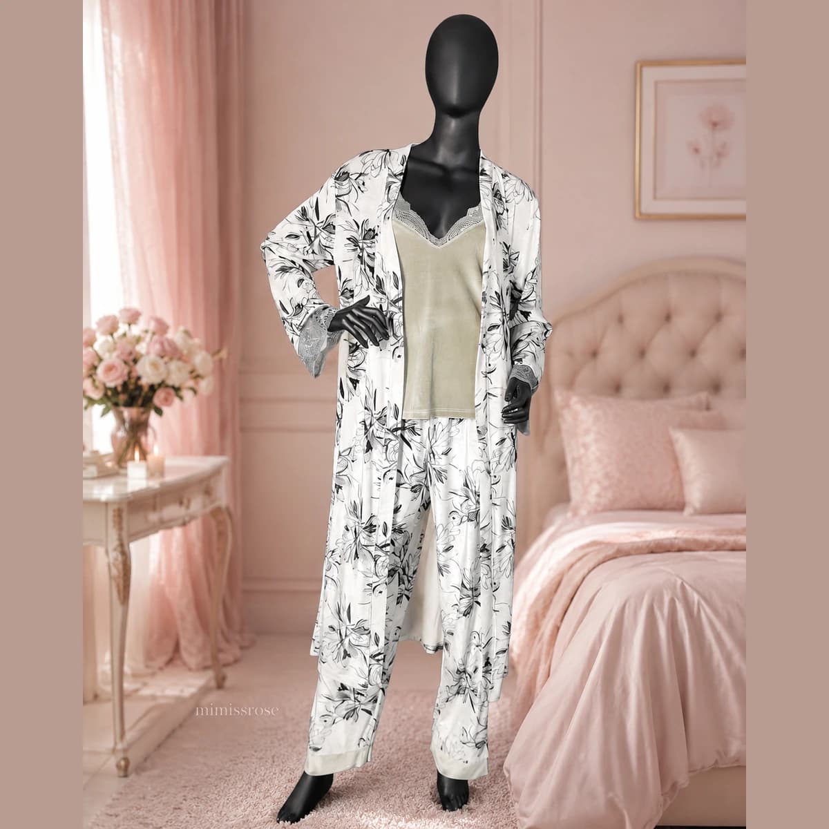 ست لباس خواب مخمل زیتونی ۳ تکه Velvet Touch