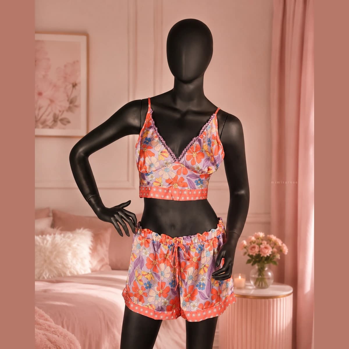 ست لباس خواب ساتن گلدار ۳ تکه Candy Blossom — تصویر ۵