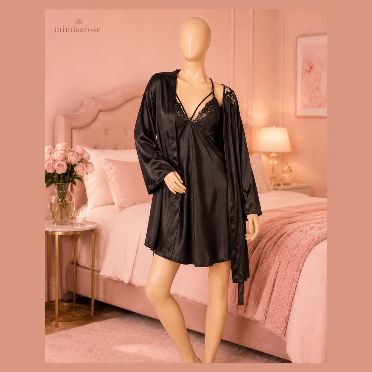 ست لباس خواب ساتن مشکی ۲ تکه Midnight Desire — تصویر ۴