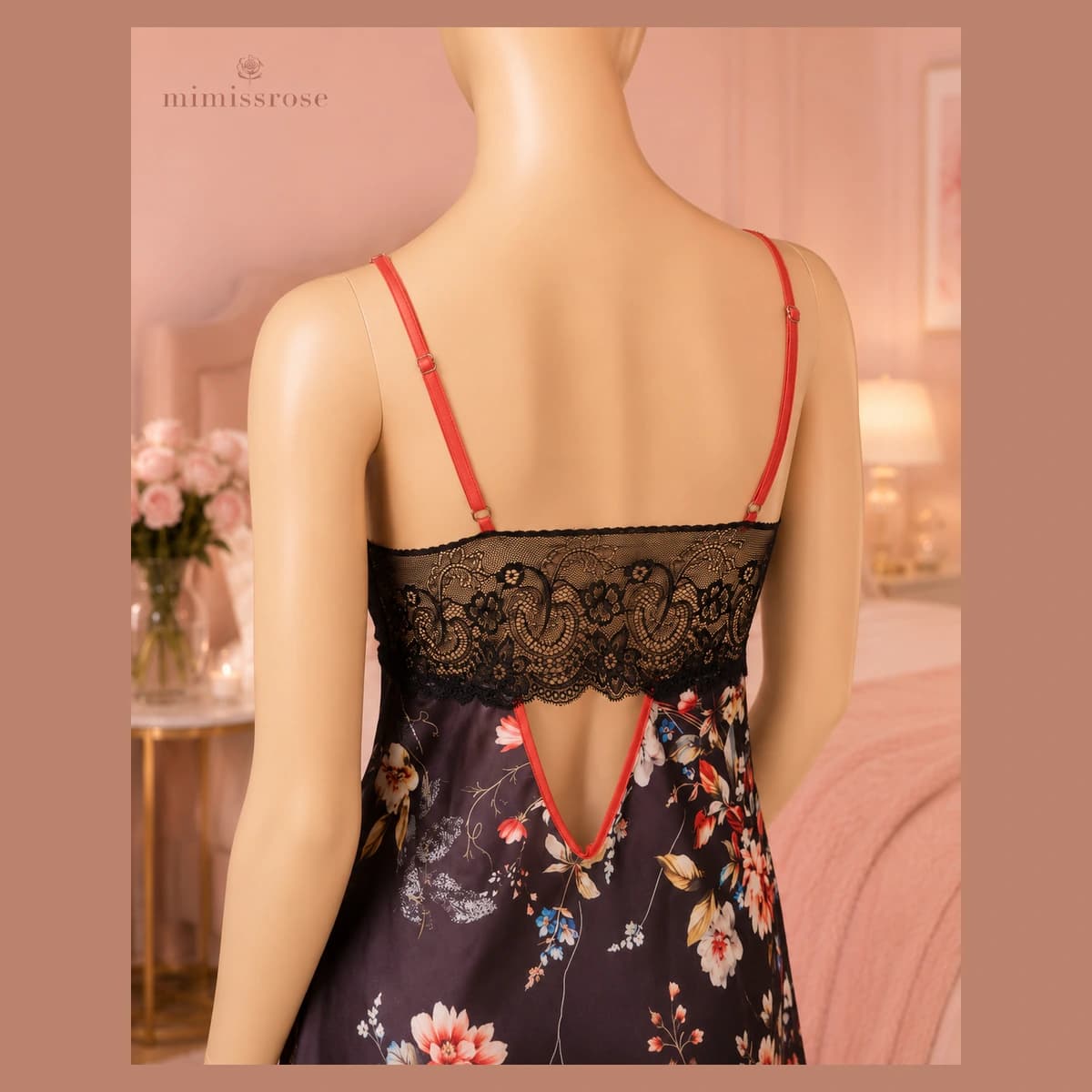 ست لباس خواب ساتن مشکی ۲ تکه Midnight Blossom — تصویر ۹