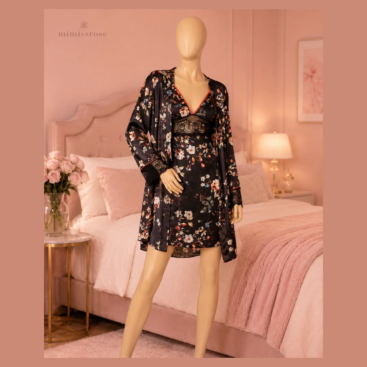 ست لباس خواب ساتن مشکی ۲ تکه Midnight Blossom — تصویر ۶