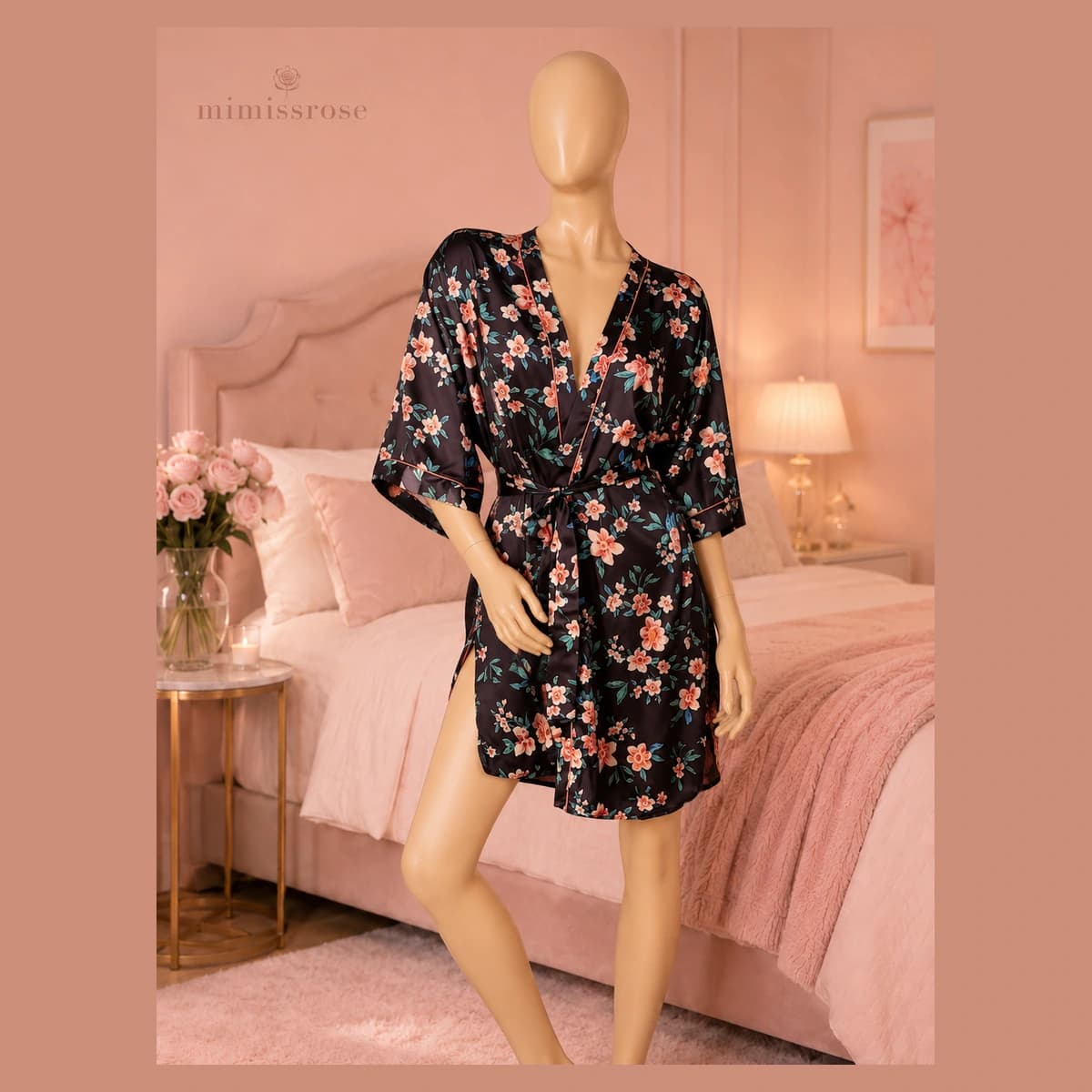 روب دوشامبر ساتن مشکی گلدار Blossom After Dark
