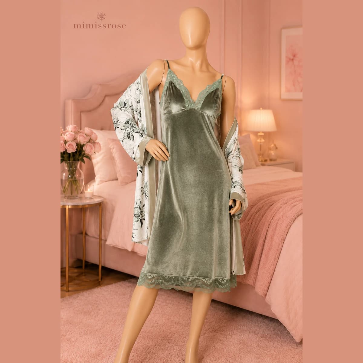 ست لباس خواب مخمل زیتونی ۲ تکه Velvet Touch — تصویر ۲