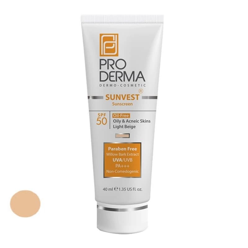 کرم ضدآفتاب رنگی پرودرما SPF50 مدل 01، مناسب پوست‌های چرب، حجم 40 میلی‌‌لیتر بژ روشن
