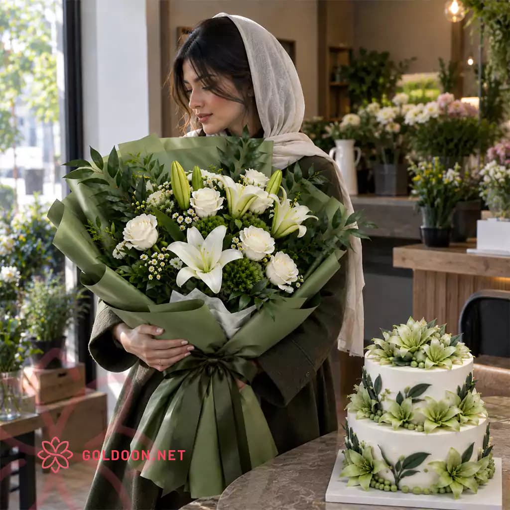 دسته گل لیلیوم و کیک کد 013 — تصویر ۲
