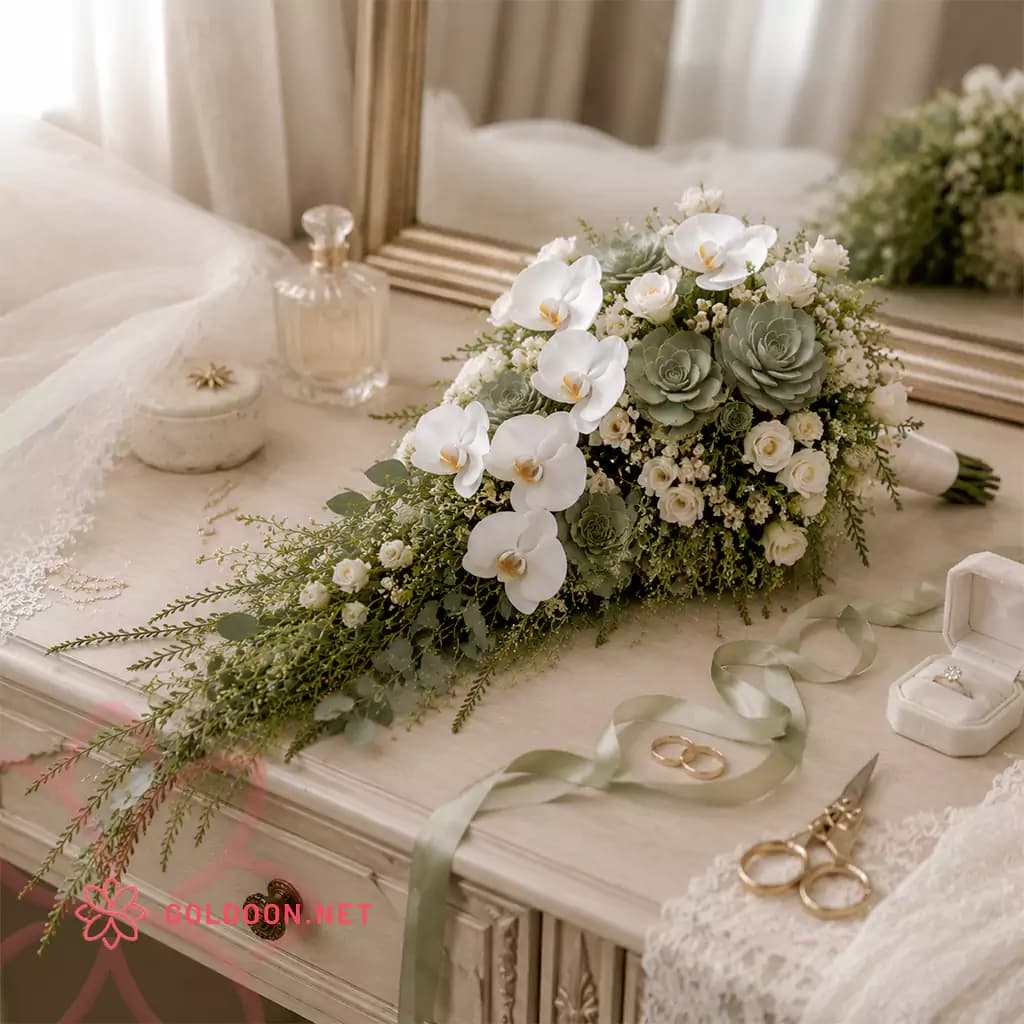 دسته گل عروس ارکیده آبشاری کد 007 — تصویر ۹