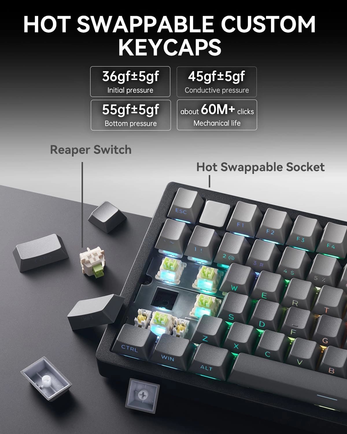 کیبورد بی سیم گیمینگ LEOBOG HI75 C PRO BLACK+GRADIENT GREY REAPER SWITCH — تصویر ۵