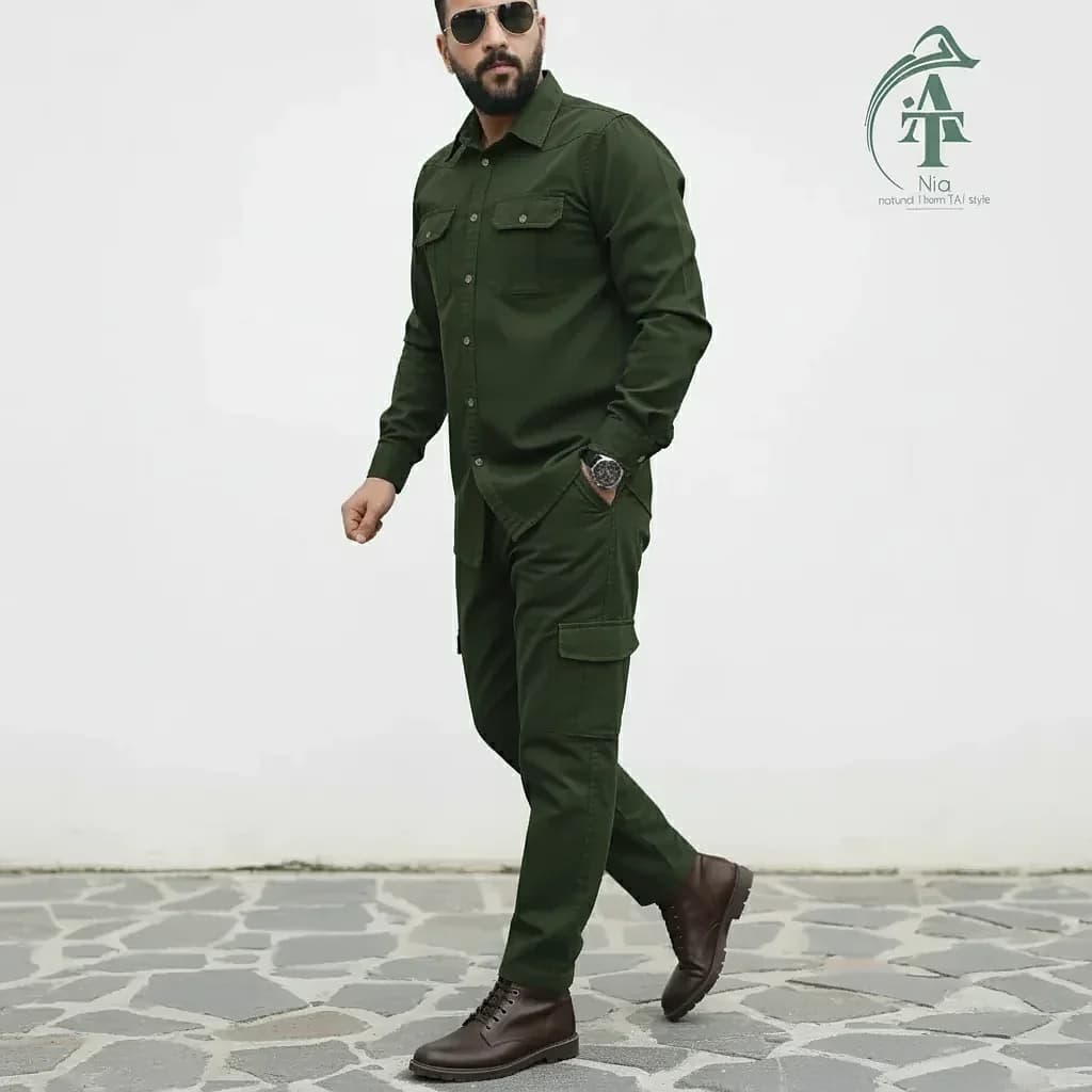 ست پیراهن و شلوار کتان مردانه یاشیل – سبز لجنی