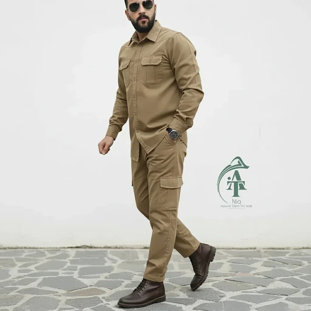 ست پیراهن و شلوار کتان مردانه یاشیل – خاکی — تصویر ۳