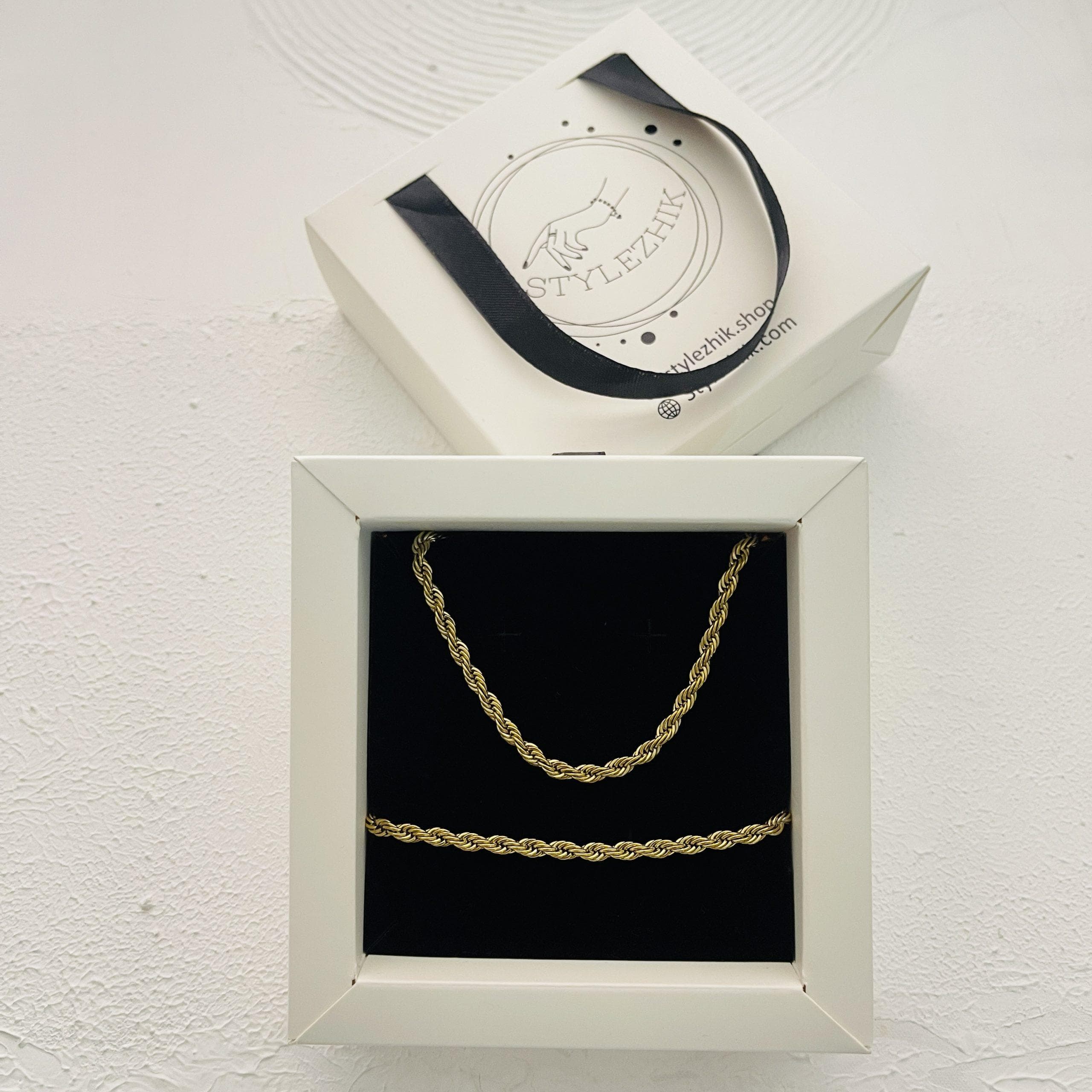 نیم ست طنابی یونیسکس طلایی | ست زنجیر و دستبند استیل مدل Rope Chain شیک و ترند — تصویر ۲