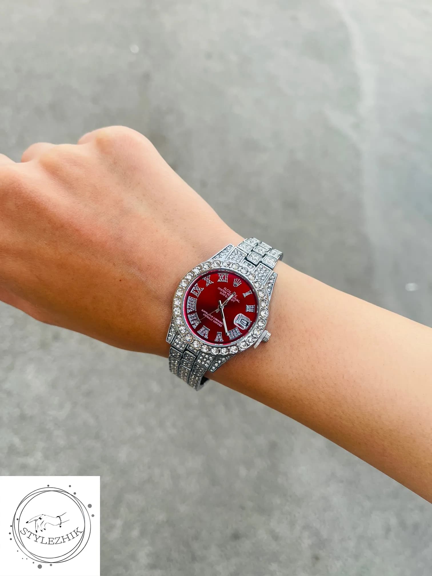 ساعت مچی زنانه فول نگین طرح رولکس دیت جاست قرمز | Rolex Datejust Red Dial Full Crystal Women’s Watch — تصویر ۲