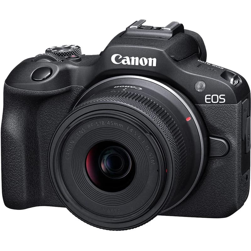 دوربین بدون آینه کانن کد EOS R100، حسگر APS-C با دقت موثر 24.1 مگاپیکسل، عکاسی پیاپی 6.5 فریم‌بر‌ثانیه، فیلم‌برداری با رزولوشن 4K UHD و Full HD، نمایشگر ثابت، همراه با لنز 18 – 45 میلی‌متری با ب