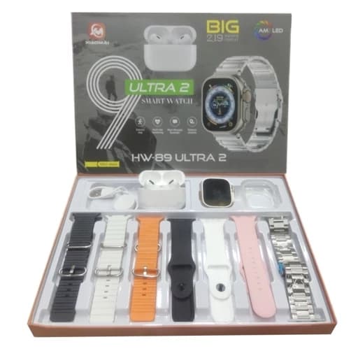 پک ساعت هوشمند الترا و ایرپاد پرو مدل HW-89 ULTRA2 با 7 بند متنوع و قاب ساعت — تصویر ۵