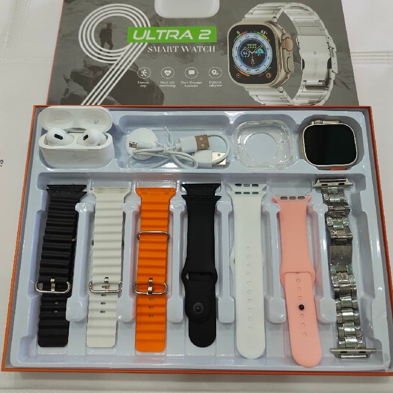 پک ساعت هوشمند الترا و ایرپاد پرو مدل HW-89 ULTRA2 با 7 بند متنوع و قاب ساعت — تصویر ۳